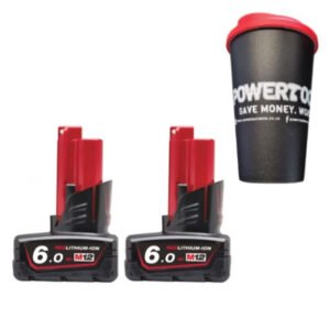 Milwaukee M12B6 12V 6.0ah Red Lithium-Ion Batteries (Twin Pack) with Powertoolmate Travel Mug — buy online Australia