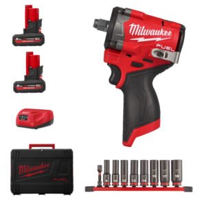 Milwaukee M12FCIWF38G3-502X 12v Fuel 3/8″ Compact Impact Wrench Kit – 2 x 5.0ah High Output Batteries & 4932480455 3/8″ 9 Piece Impact Socket Deep Set — buy online Australia