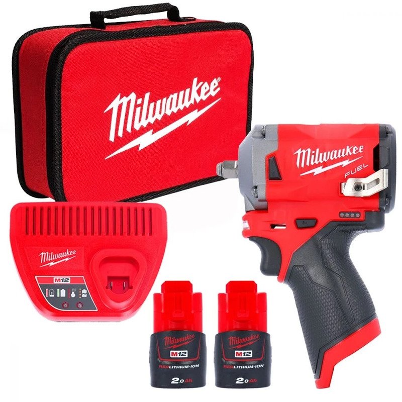 Milwaukee M12FIW38-202B 12v Fuel Impact Wrench Set, with 2 x 2Ah Batts, Charger & Bag — buy online Australia