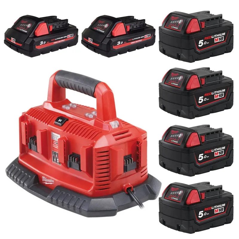 Milwaukee M1418 C6 M14-M18 MultiBay Battery Charger, 4x 5.0Ah Batteries & 2x 3.0Ah High Output Batteries — buy online Australia