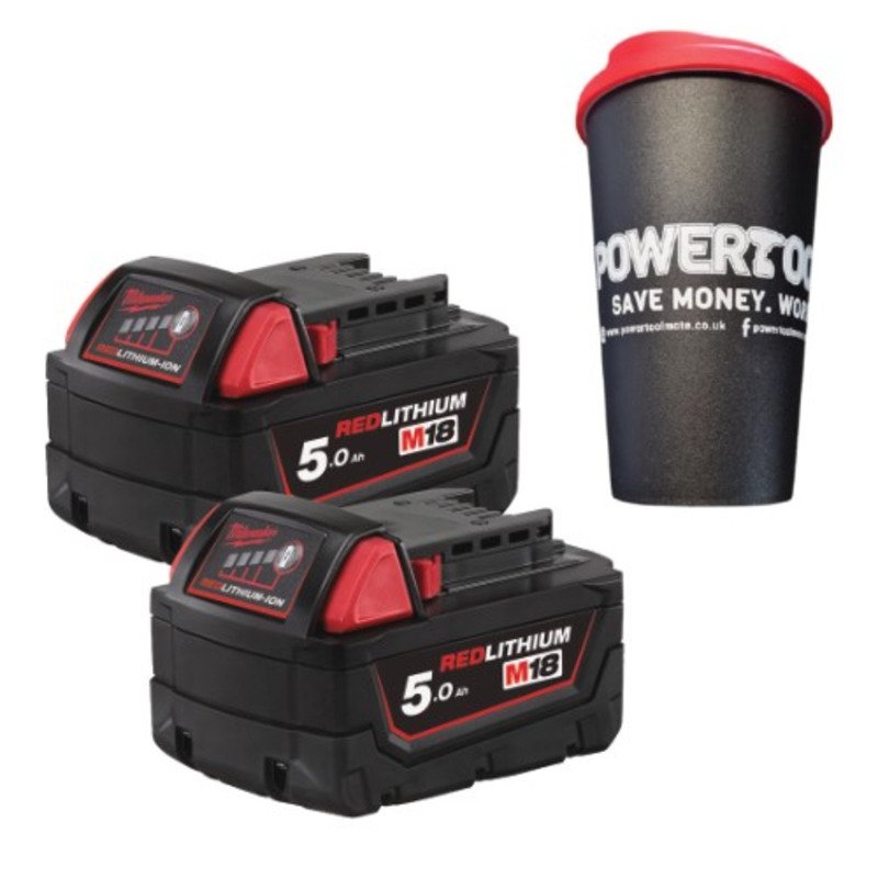 Milwaukee M18B5 18V 5.0ah Red Lithium-Ion Batteries (Twin Pack) and Powertoolmate Travel Mug — buy online Australia