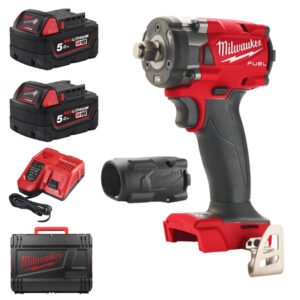 Milwaukee M18FIW2F12-502X 18V Fuel 1/2″ Compact Impact Wrench with Friction Ring Kit (2 x 5.0Ah RedLithium-Ion Batteries, Charger & Case) & Sleeve — buy online Australia