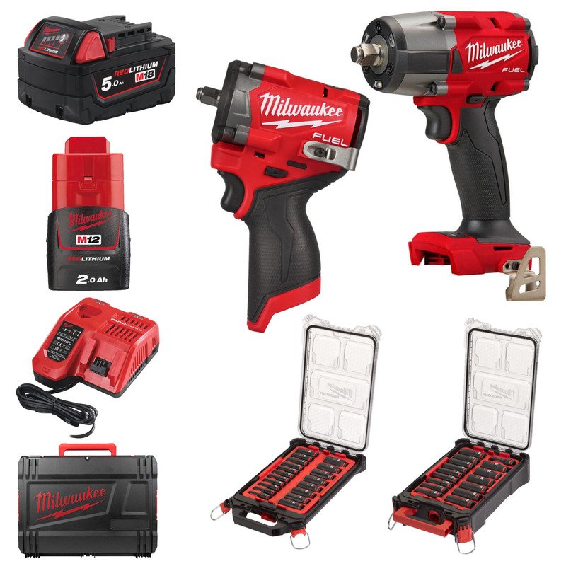 Milwaukee M18FMTIW2F12 & M12FCIWF38G3 Impact Wrenches With 1/2″ & 3/8″ Impact Socket Sets & 5.0ah & 2.0ah Batteries — buy online Australia