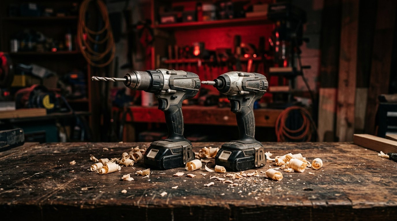 Cordless drill and impact driver on workshop bench