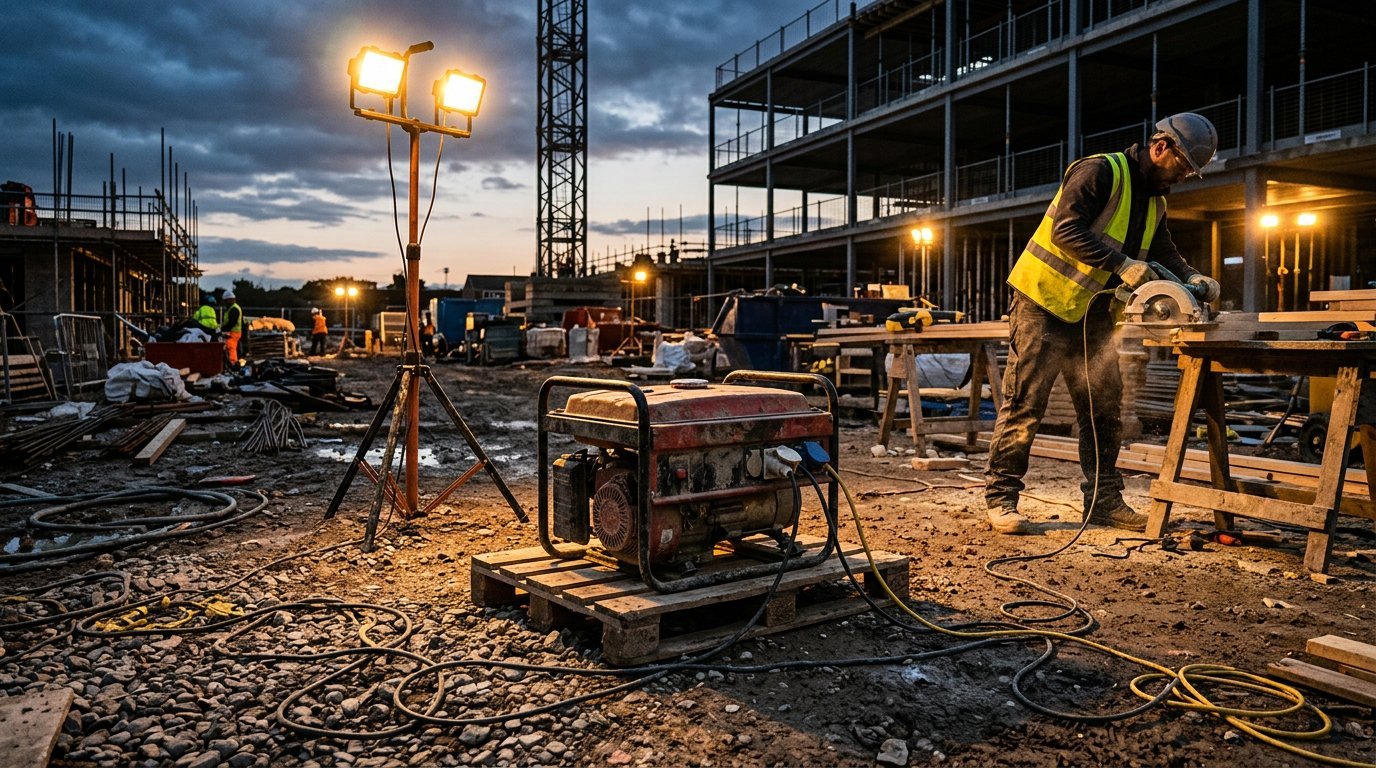 Portable generator powering tools on a construction site