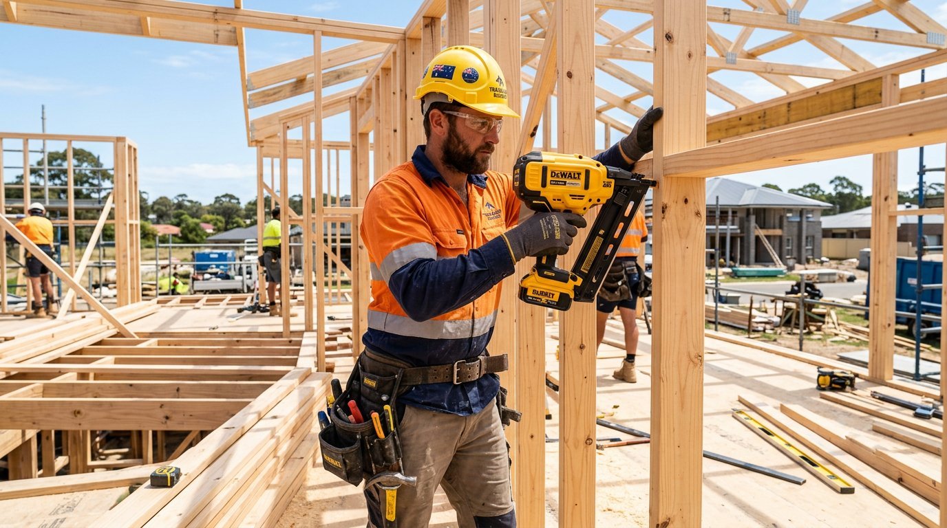 Carpenter using cordless framing nail gun on timber framing in Australia