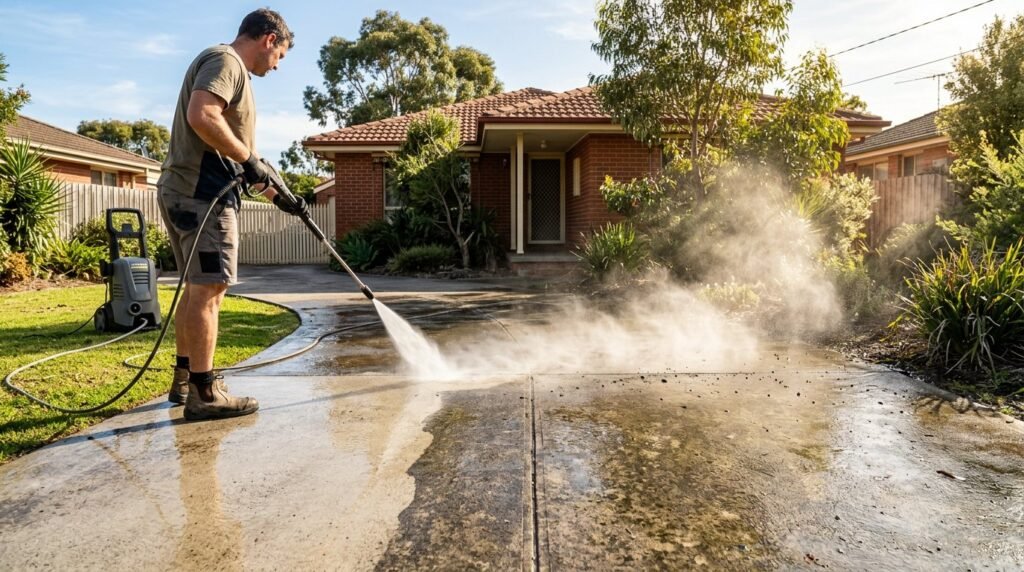 Pressure washer cleaning concrete driveway