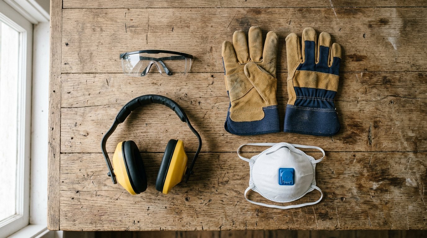 Power tool safety gear: glasses, ear muffs, gloves, mask