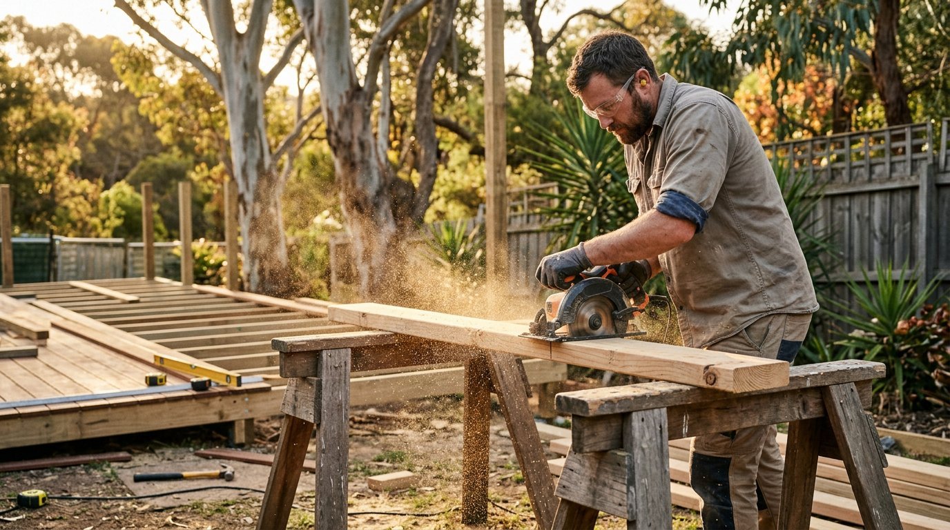 Circular saw cutting timber for deck building