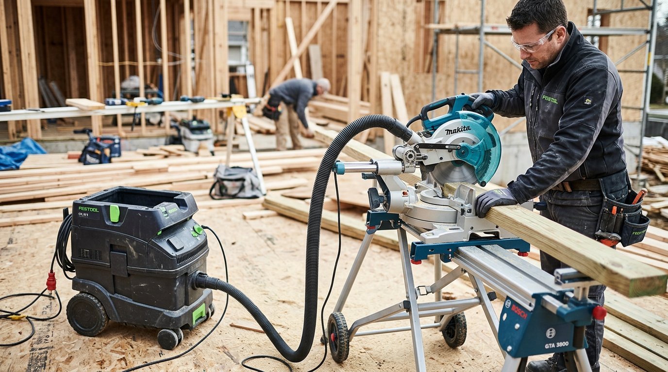 Dust extractor connected to power saw on construction site
