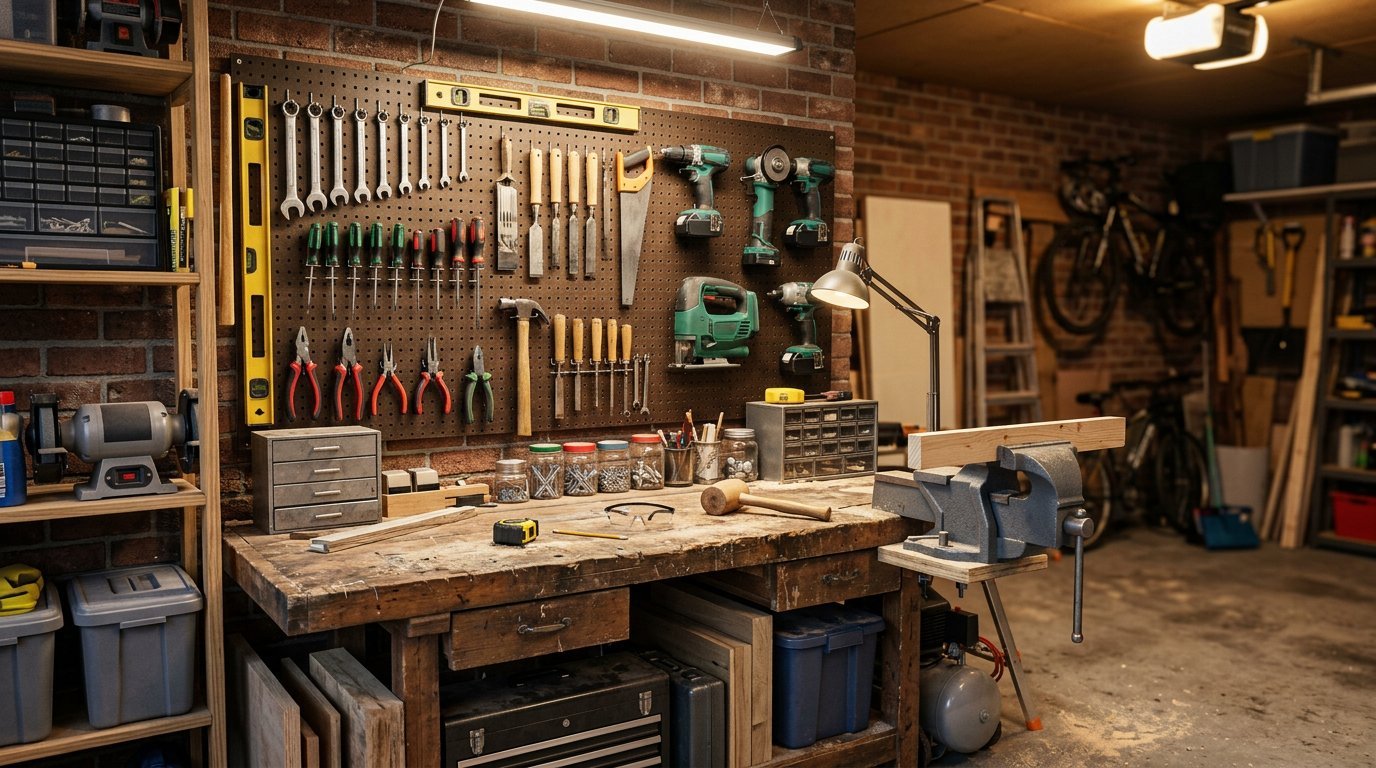 Organised home workshop with tools on pegboard